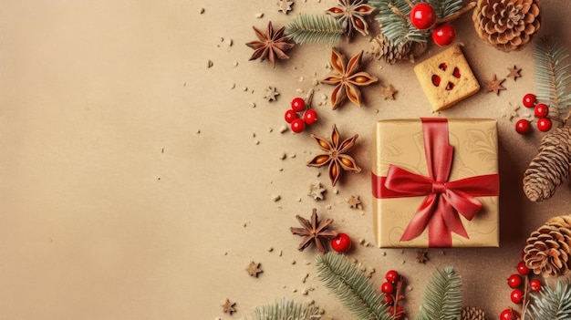 Красная подарочная коробка с лентой и рождественскими элементами на бежевом фоне
