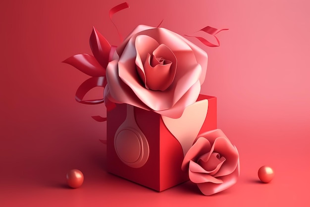 A red gift box with a rose inside of it.