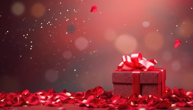 赤いバラの花びらが付いたギフトボックス - バレンタインデーコンセプト