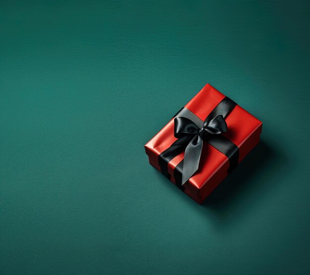 Красная подарочная коробка с широкой лентой, регулируемой и заканчивающейся большим луком на темной поверхности