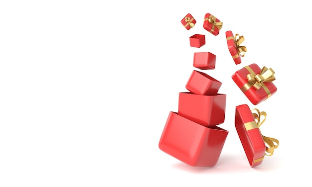 Scatole regalo rosse con fiocco in nastro dorato su sfondo bianco. copia spazio, rendering 3d