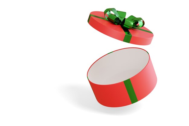 Red gift circular box with green bow isolated.