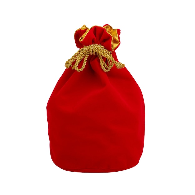 Photo red gift velvet pouch tied with gold rope isolated on white background closeup