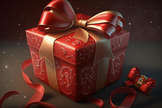 A red gift with a gold ribbon and a bow on it.