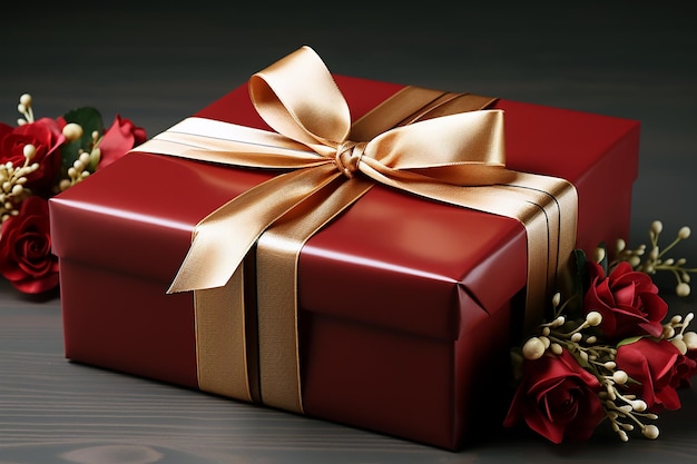 a red gift with a gold ribbon tied around it.