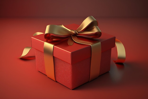 Красный подарок с золотыми лентами на красном фоне 3D Цифровая иллюстрация AI