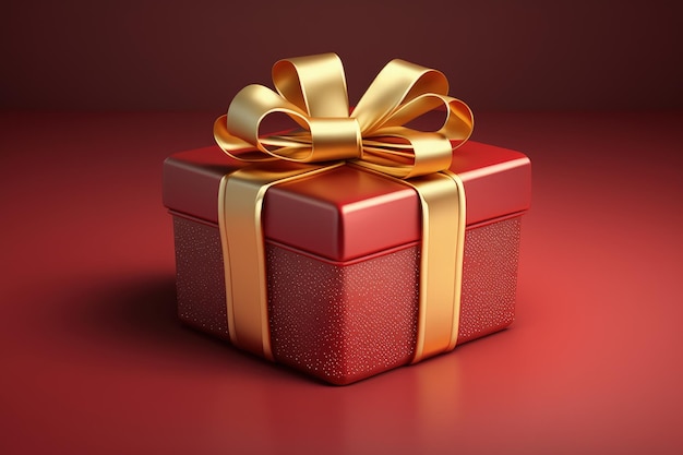 Красный подарок с золотыми лентами на красном фоне 3D Цифровая иллюстрация AI