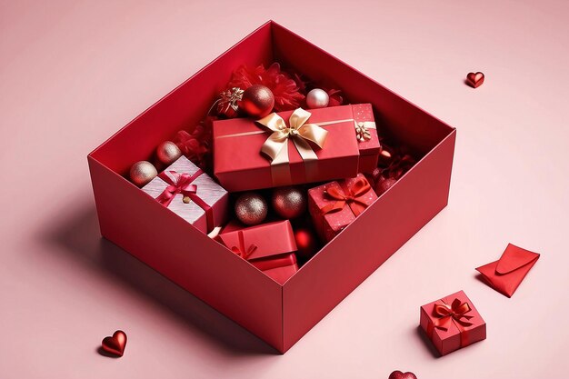 Red gifts boxes full of decorative valentines day
