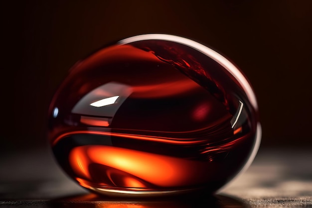 A red glass ball sits on a black surface.