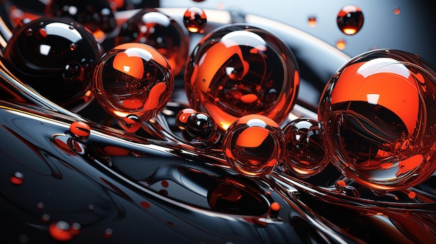 Red glass balls oil splashesDark background