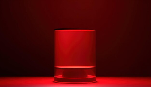 A red glass container with a light on it