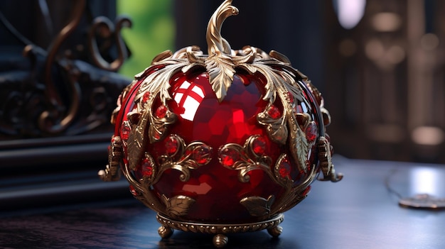 a red glass pumpkin sits on a table.