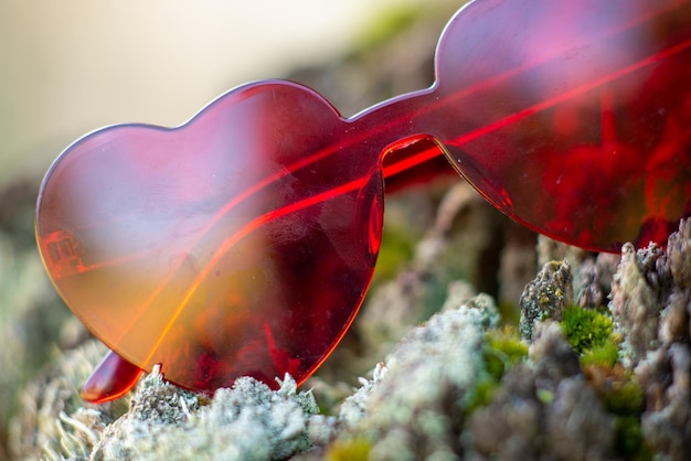 Photo red glasses in the form of hearts on a natural background