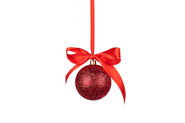 red glitter ornament with red ribbon isolate