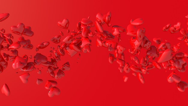 Red glossy hearts flying, red background