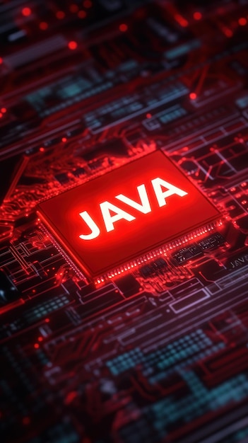 ชิปคอมพิวเตอร์สีแดงเรืองแสงพร้อมข้อความ Java การเขียนโปรแกรมและการเขียนโค้ด การพัฒนาเว็บ เวิร์กช็อปการเขียนโปรแกรม AI