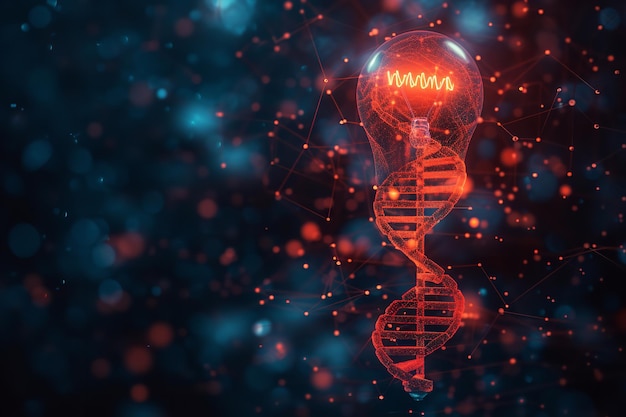 Photo a red glowing dna in a technological dark backdrop with a big empty space for text generative ai