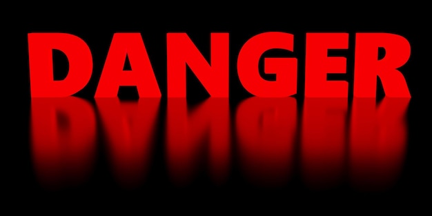 Red glowing inscription danger on black background warning danger information sign to attract attention 3d render