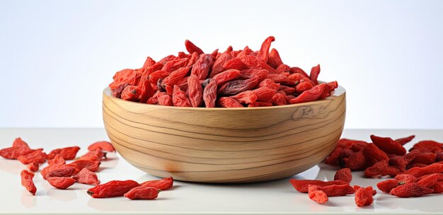 Photo red goji berries in a wooden bowl on white table top view