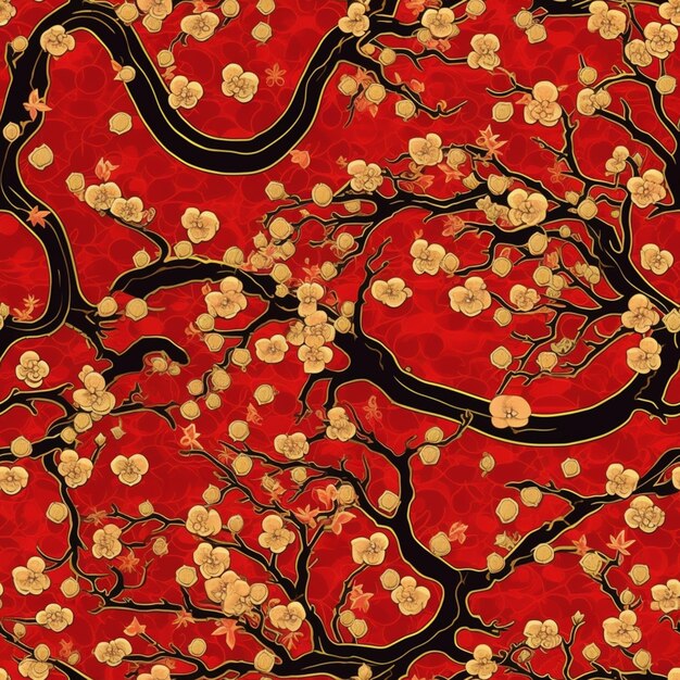 A red and gold background with a branch of cherry blossoms.