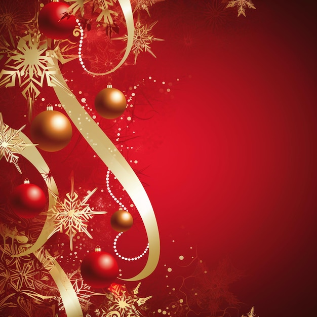 A red and gold background with christmas decorations and snowflakes
