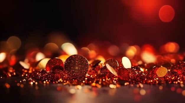 Red and gold balls on a table with a red background