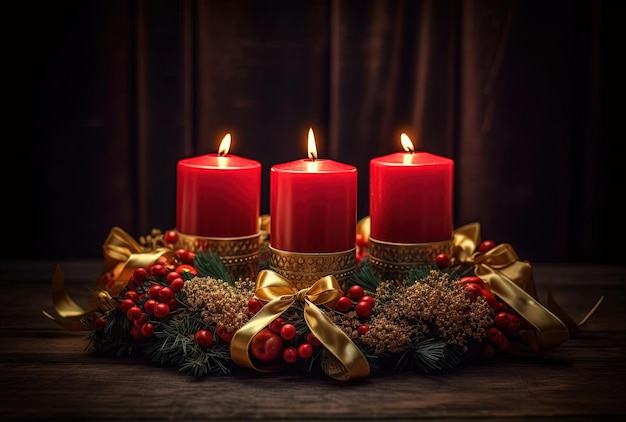 red and gold candles in a wreath in the style of realistic stilllifes