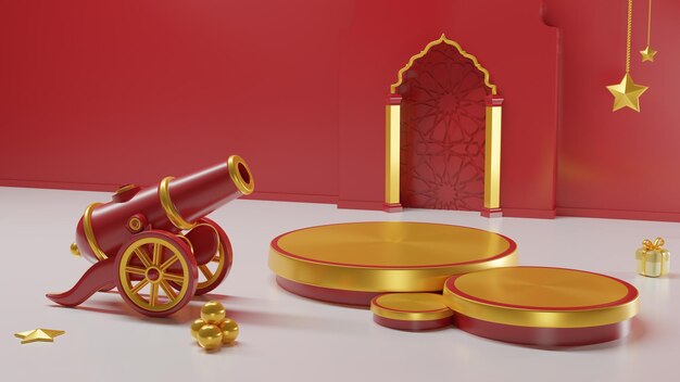 A red and gold cannon with gold podium and a red door on back.