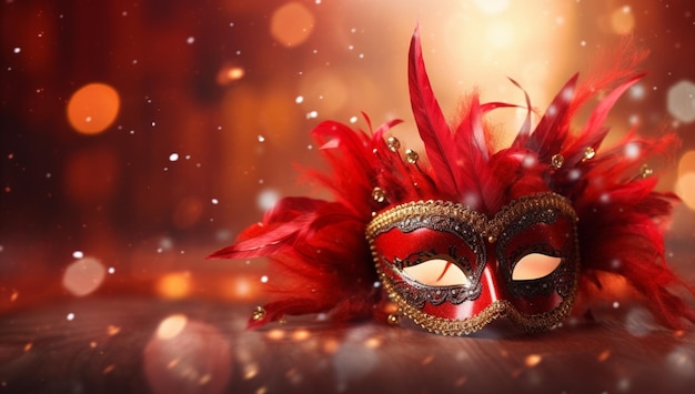 A red and gold carnival mask with a blurry background