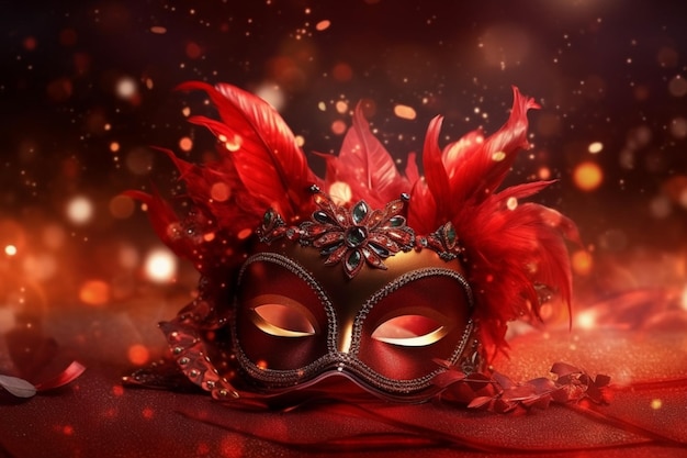 A red and gold carnival mask with feathers and a red background.