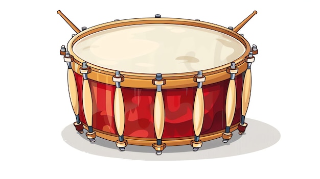 A red and gold cartoon bass drum The drum is laying on a white surface The drum has two drumsticks laying on it