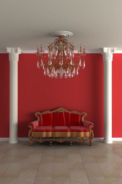 a red and gold chair is in a room with a red wall