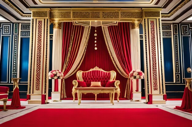 A red and gold chair is sitting in a room with a red and gold chair.