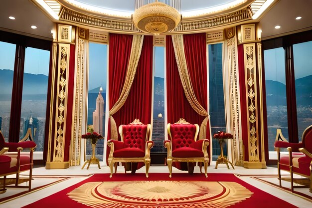 A red and gold chair with a gold and white design on the back.