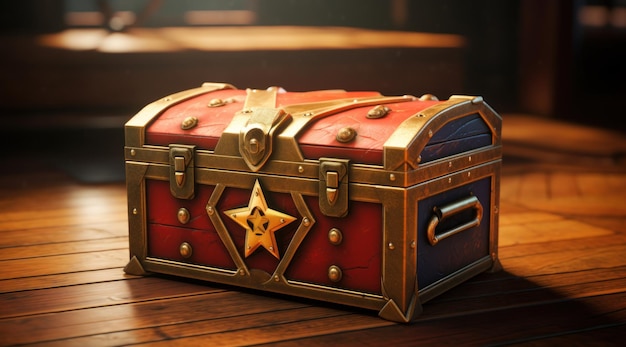 a red and gold chest with a star on top