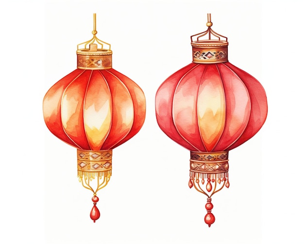 Red and gold chinese lanterns isolated on white background Asian new year red lamps festival