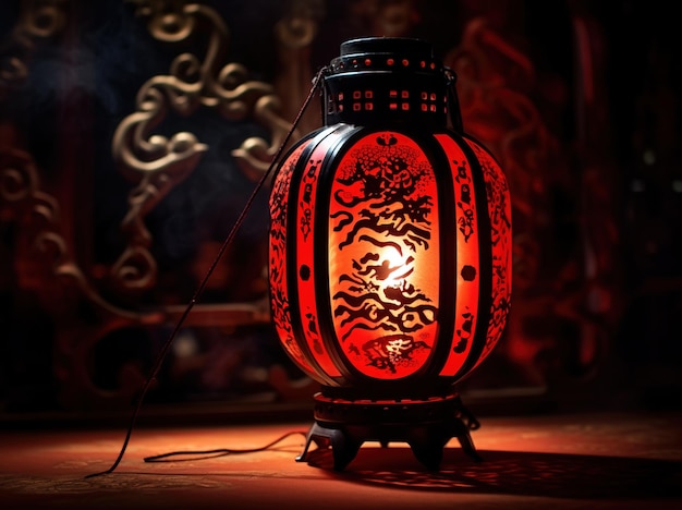 장식과 함께 빨간색과 황금색의 중국 등불 아시아 새해 은 램프 축제
