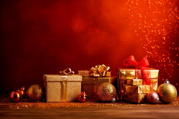 Photo red and gold christmas background made of gifts and balls with copy space