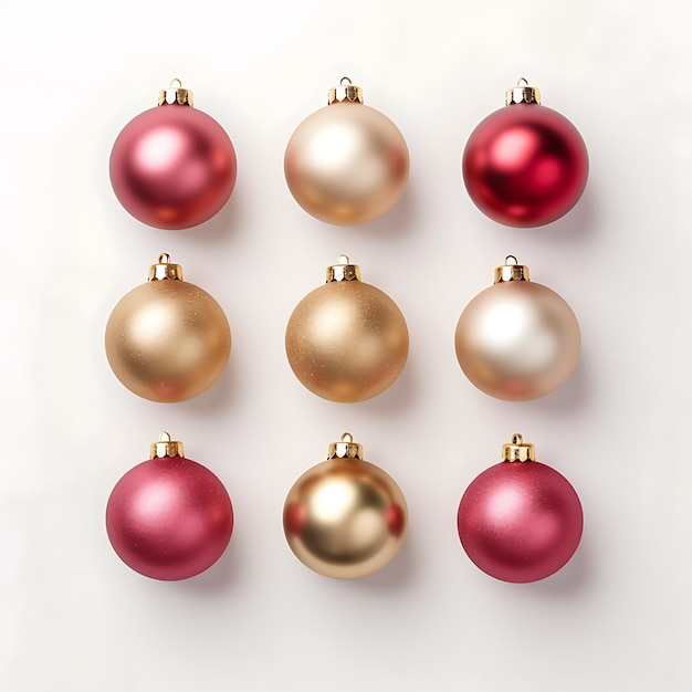 Red and gold christmas balls on white background in the style of aerial view minimalistic elements