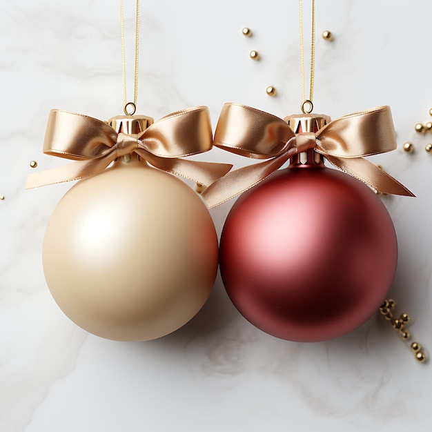 空撮ミニマルな要素のスタイルで白い背景に赤と金のクリスマス ボール