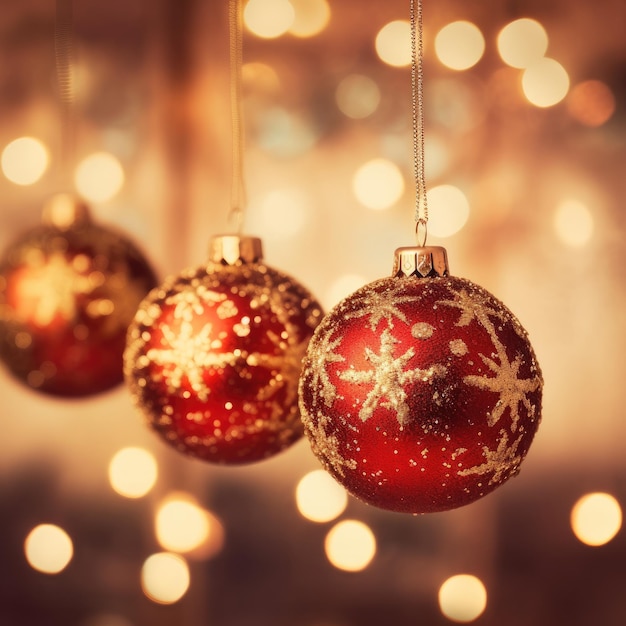 Red and Gold Christmas balls with bokeh lights Merry Christmas ornaments