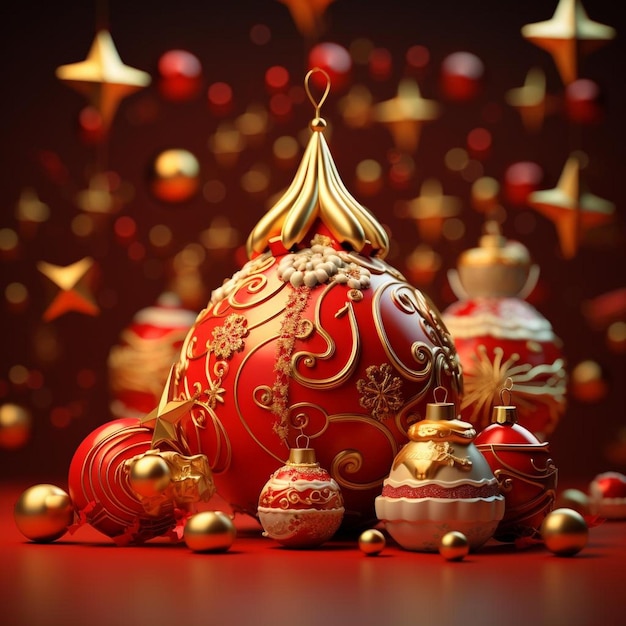 Foto un ornamento di natale rosso e dorato circondato da ornamenti