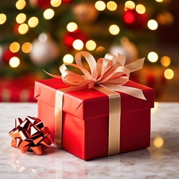 Красный и золотой рождественский подарок с золотым луком на мраморном столе с размытой рождественской елкой на заднем плане