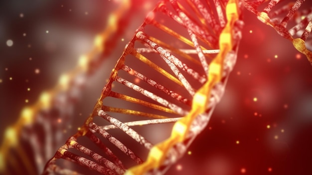 「DNA」という文字が書かれた赤と金の DNA 鎖