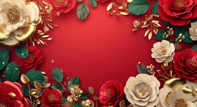 壁に赤と金の花のフレーム