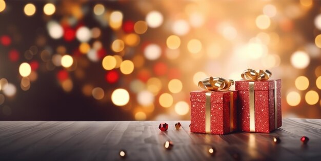 Red and gold gifts on the table Gold wrapping paper Gift boxes with glitter Boxes on the background