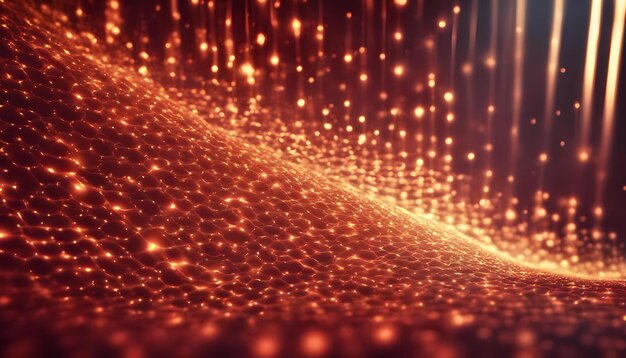 Red and gold glowing particles with depth of field and bokeh with lights rays