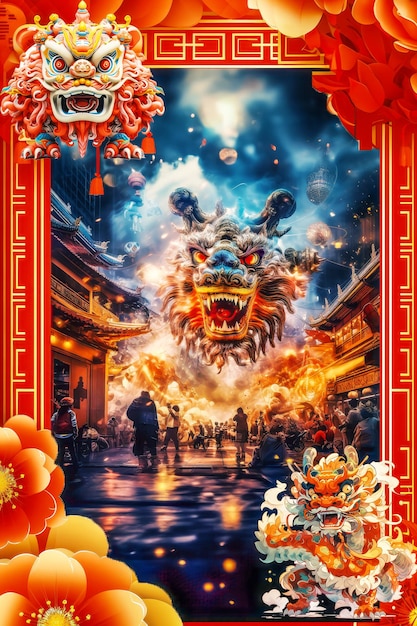 red and gold happy chinese new year festival poster design chinese lantern lion dance and dragon