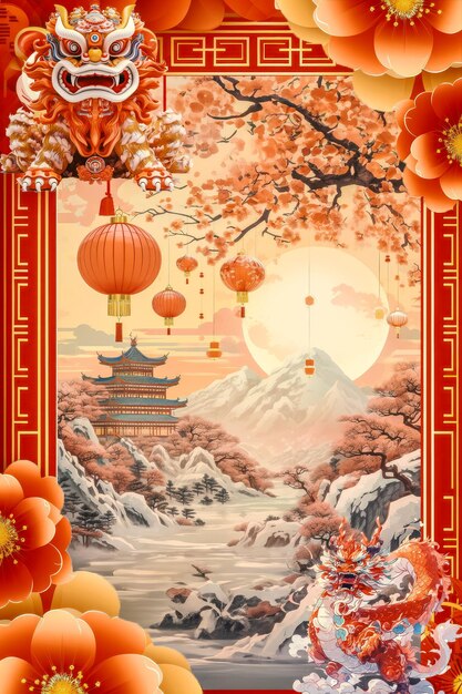 red and gold happy chinese new year festival poster design chinese lantern lion dance and dragon