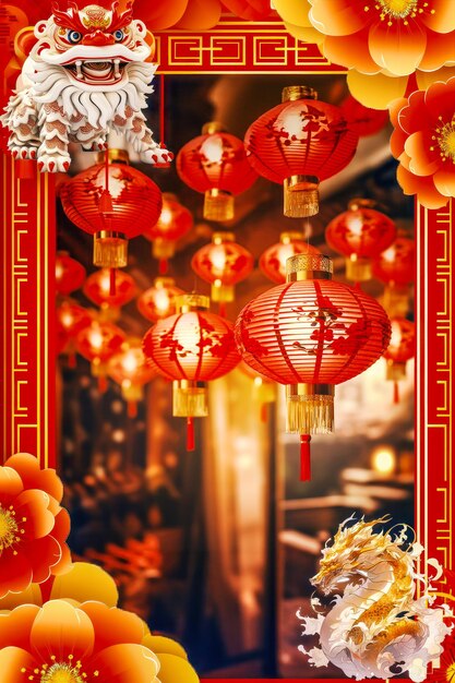 red and gold happy chinese new year festival poster design chinese lantern lion dance and dragon